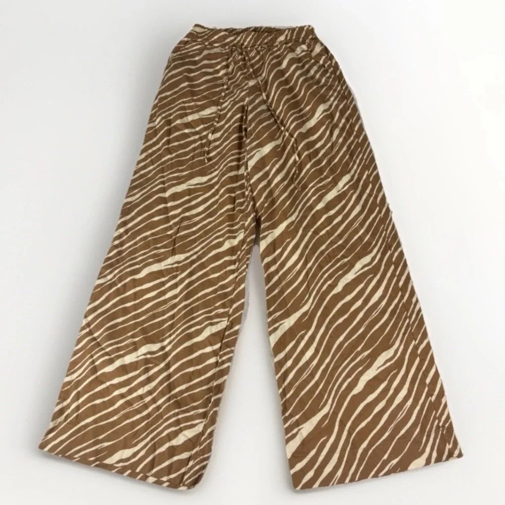 A New Day Wide Leg Linen Pants Women XS Brown Zebra Print Drawstring Comfortcore